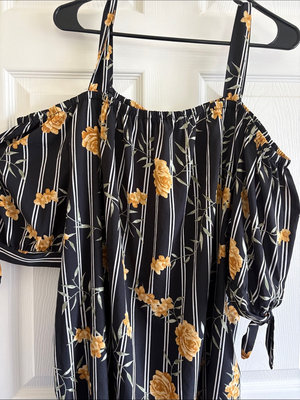 A Hint of Blush Black Off-Shoulder Floral Top with Yellow Rose Print